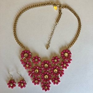 Gold & Pink Flower Necklace & Earring Set